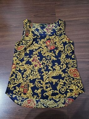 Ralph Lauren Navy Baroque Crest Sleeveless Shell with Gold Scrollwork